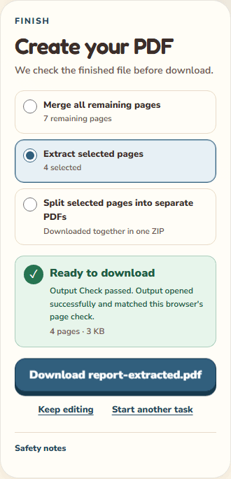 Example screenshot: four selected pages passed Output Check and report-extracted.pdf is ready to download.